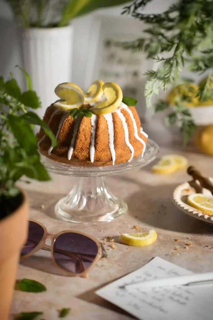 Zitronen-Gugelhupf mit Zuckerguss und frischen Zitronenscheiben auf Glasplatte in heller, natürlicher Atmosphäre, fotografiert von Studio Visionelle.