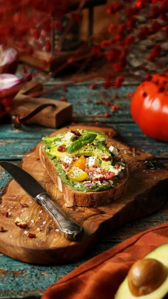 Frisches Avocado-Brot mit Feta, bunten Tomaten und Nüssen auf rustikalem Holzbrett in gemütlicher Atmosphäre, fotografiert von Studio Visionelle.