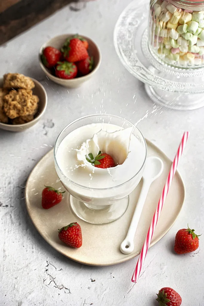 Ein Glas Milch, in das eine Erdbeere fällt – Action-Shot in heller, moderner Kulisse mit Marshmallows, Erdbeeren und Keksen als Dekoration, fotografiert von Studio Visionelle.