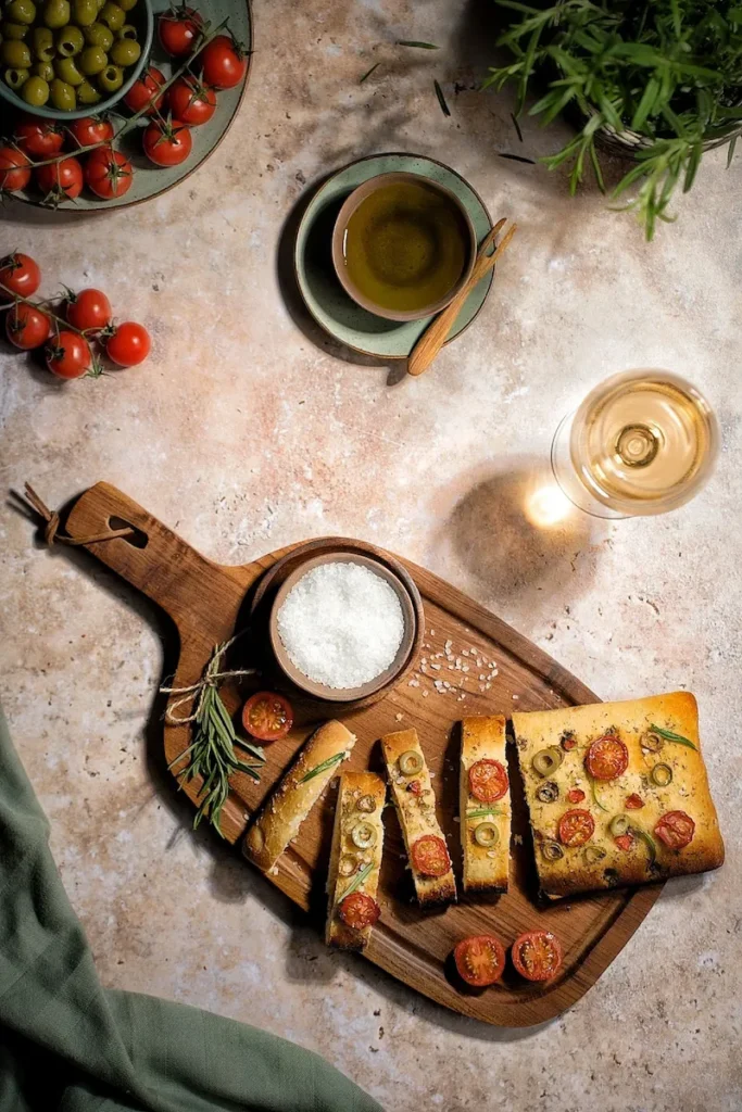 Focaccia mit Oliven, Tomaten, Rosmarin und grobem Meersalz in mediterraner Abendkulisse mit Weißwein, fotografiert von Studio Visionelle.