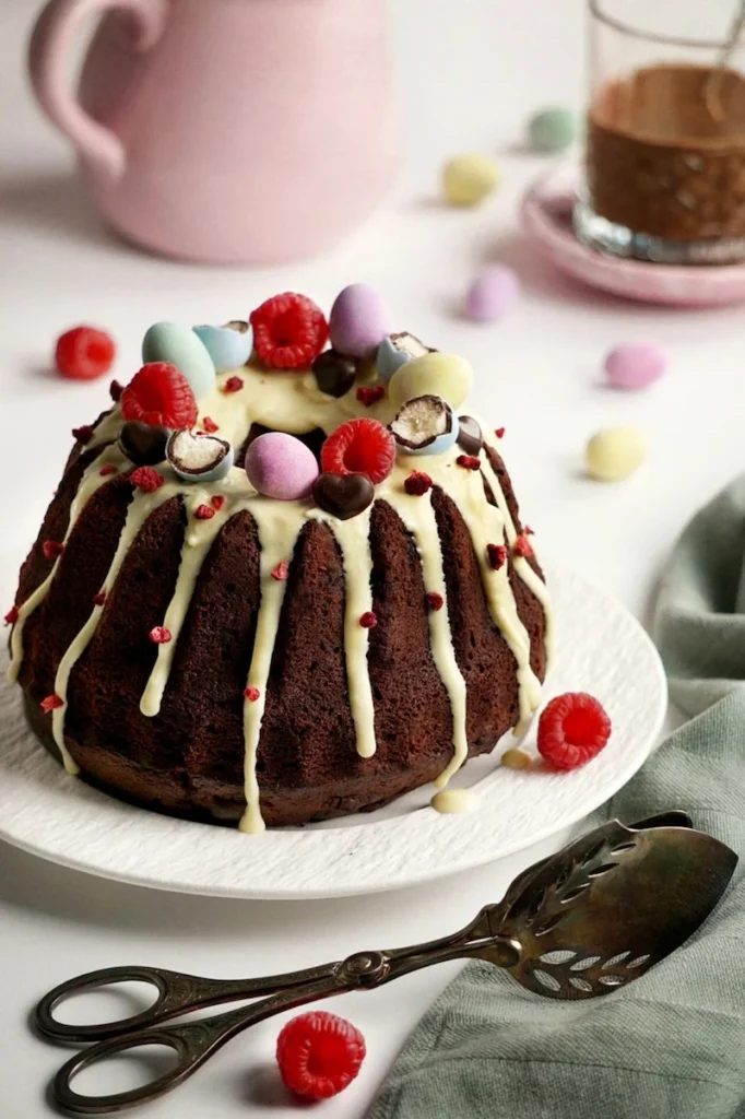 Schokoladengugelhupf mit weißer Glasur, Himbeeren und bunten Mini-Eiern, stilvoll fotografiert von Studio Visionelle.