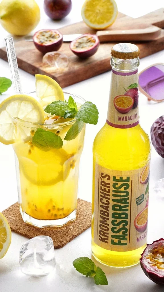 Erfrischender Maracuja-Drink mit Krombacher’s Fassbrause, Zitrone, Eiswürfeln und Minze in sommerlicher Atmosphäre, fotografiert von Studio Visionelle.